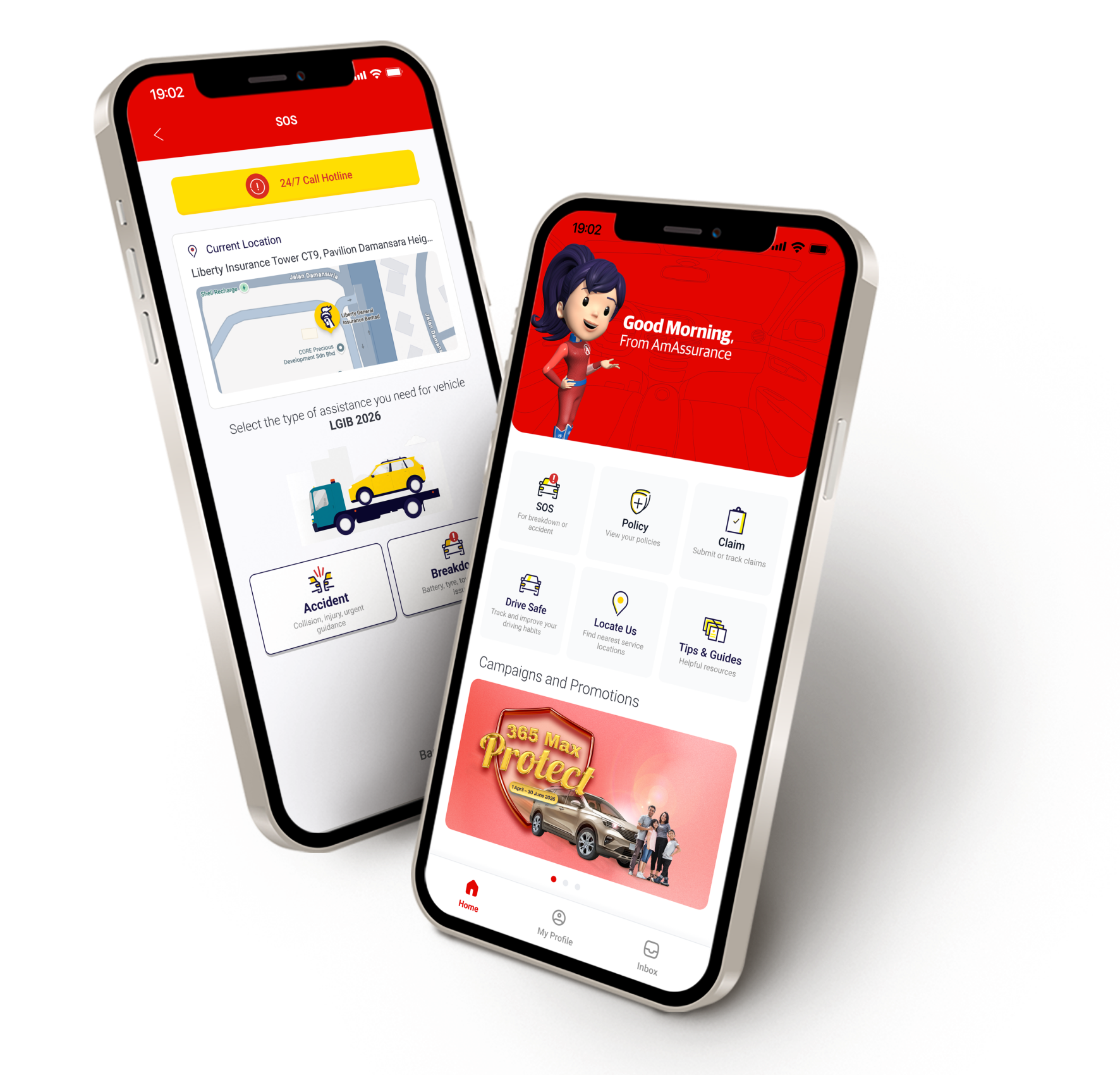 AmAssurance One Touch app shown on two phones